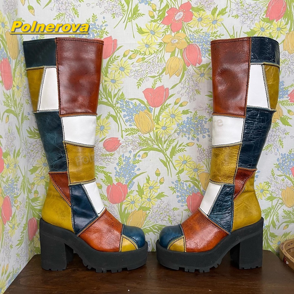 Women'S Shoes Y2K - Kadın Retro Patchwork Deri Diz Yüksek