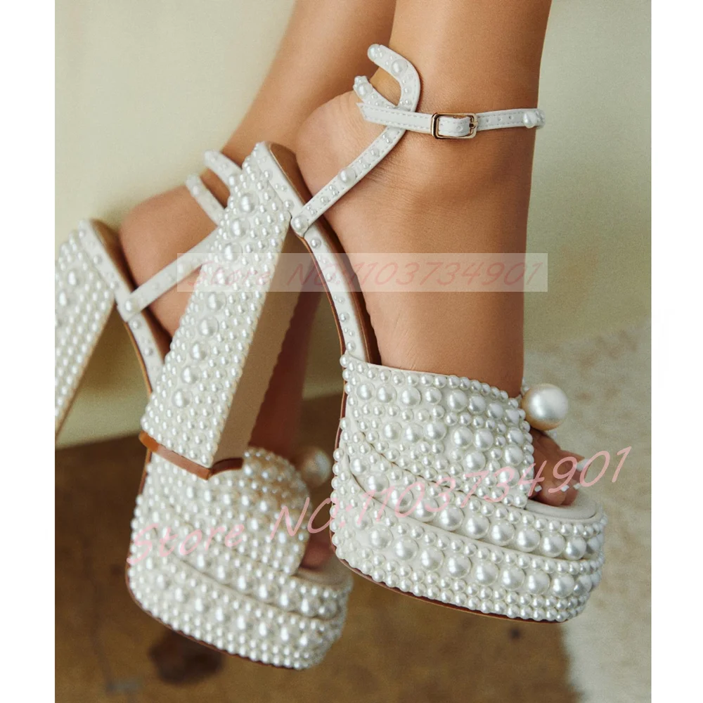 Square Toe Mule - Kadın Beyaz İnci Platform Sandalet Ayak