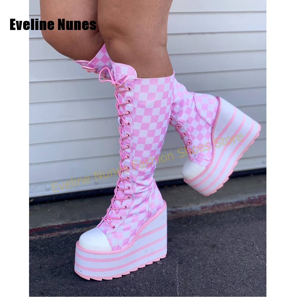 Women'S Shoes Y2K - Kadın Pembe Beyaz Dama Tahtası Platform
