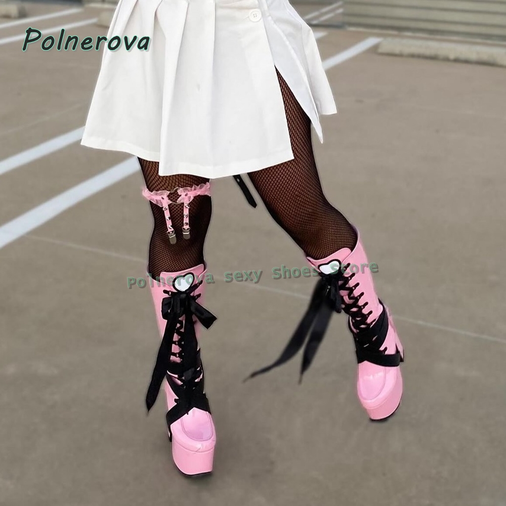 Women'S Shoes Y2K - Kadın Pembe Platform Diz Üstü Çizmeler